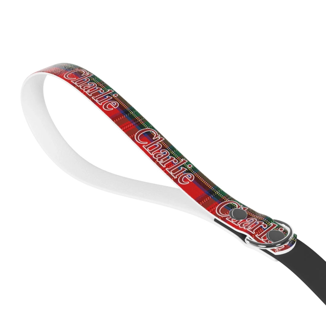 Front of Personalized tartan plaid pet leash with custom text like a name. Available in different plaid colors for dogs or cats-ARTFULANE