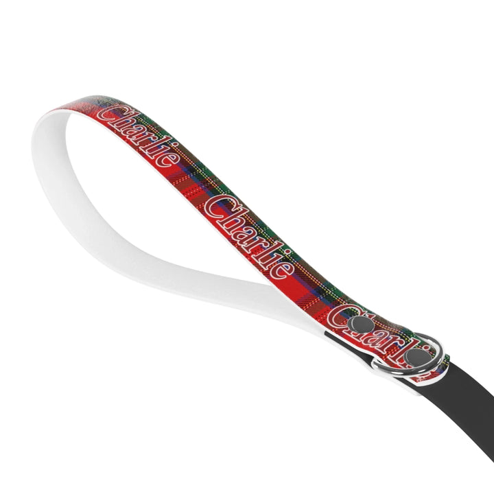 Front of Personalized tartan plaid pet leash with custom text like a name. Available in different plaid colors for dogs or cats-ARTFULANE