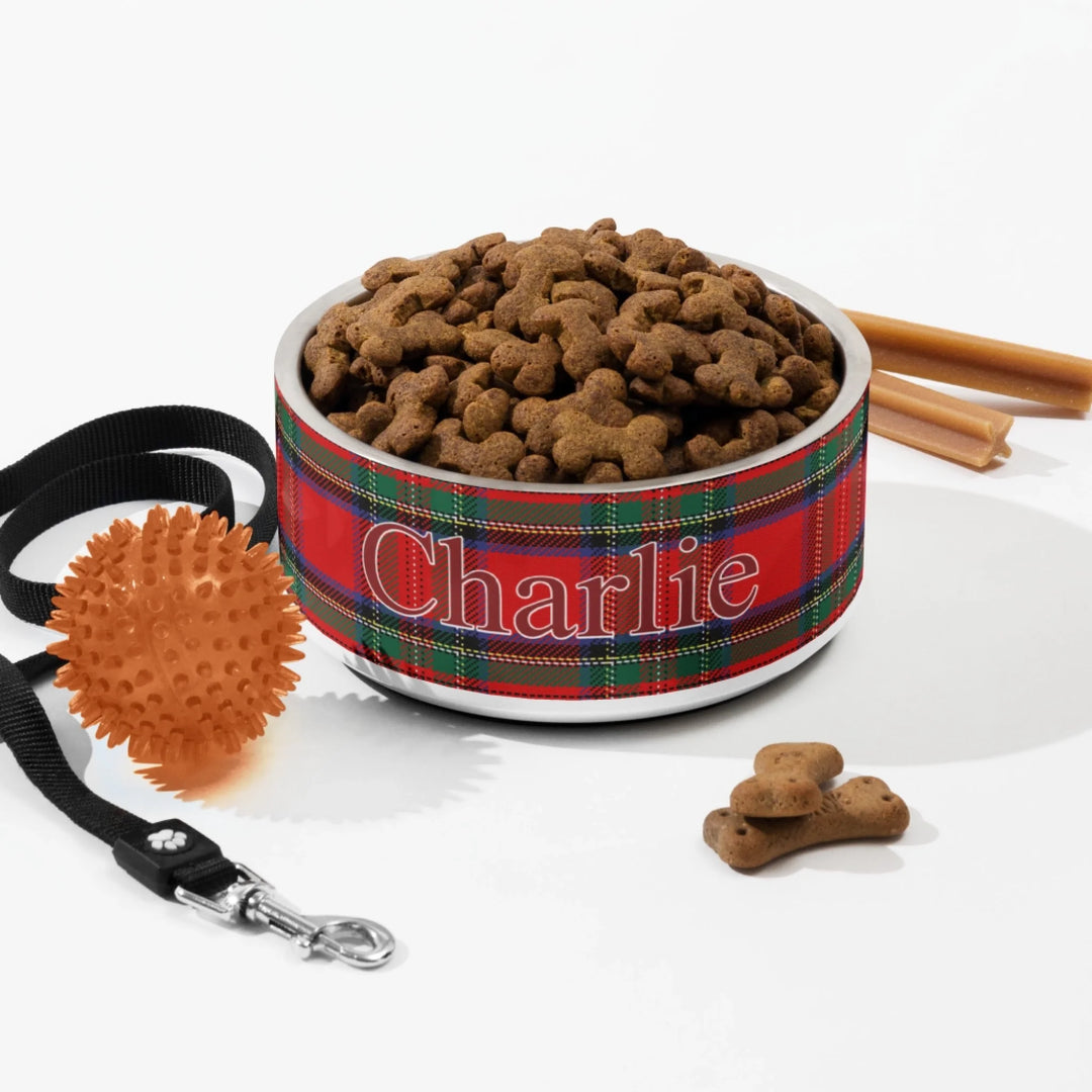 Personalized tartan plaid stainless steel pet bowl with custom text like a name. Available in different plaid colors for dogs or cats-ARTFULANE