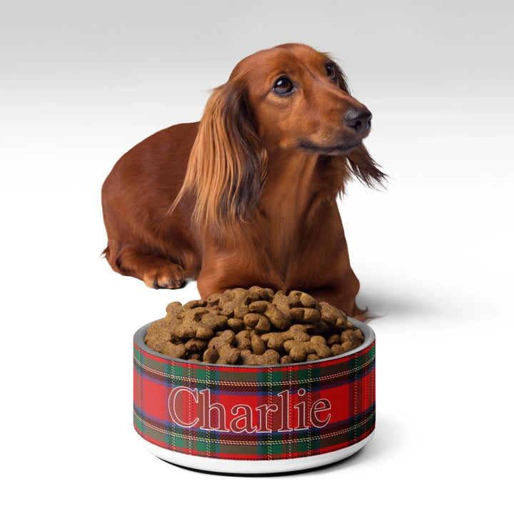 Dog withPersonalized tartan plaid stainless steel pet bowl with custom text like a name. Available in different plaid colors for dogs or cats-ARTFULANE