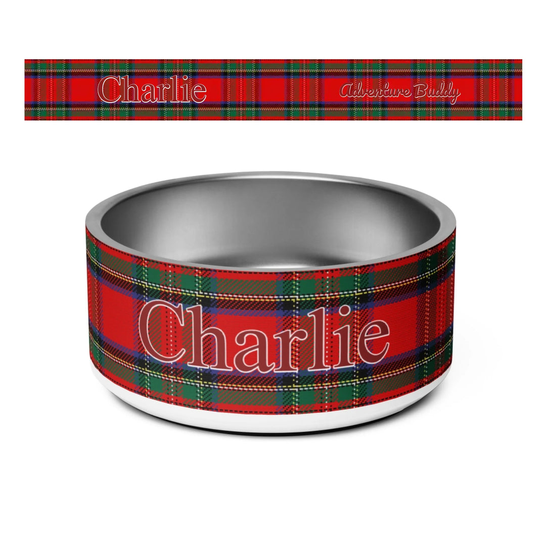 Personalized tartan plaid stainless steel pet bowl with custom text like a name. Available in different plaid colors for dogs or cats-ARTFULANE