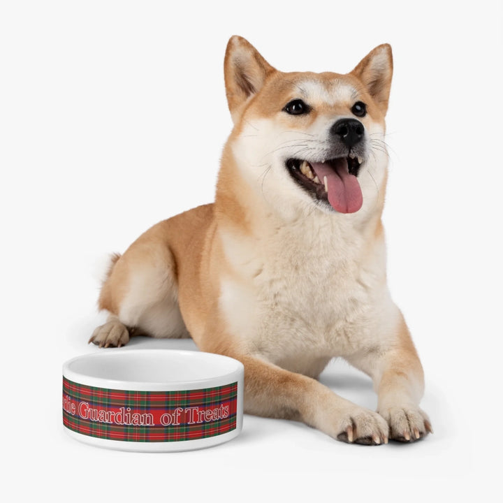 Dog with Personalized tartan plaid ceramic pet bowl with custom text like a name. Available in different plaid colors for dogs or cats-ARTFULANE