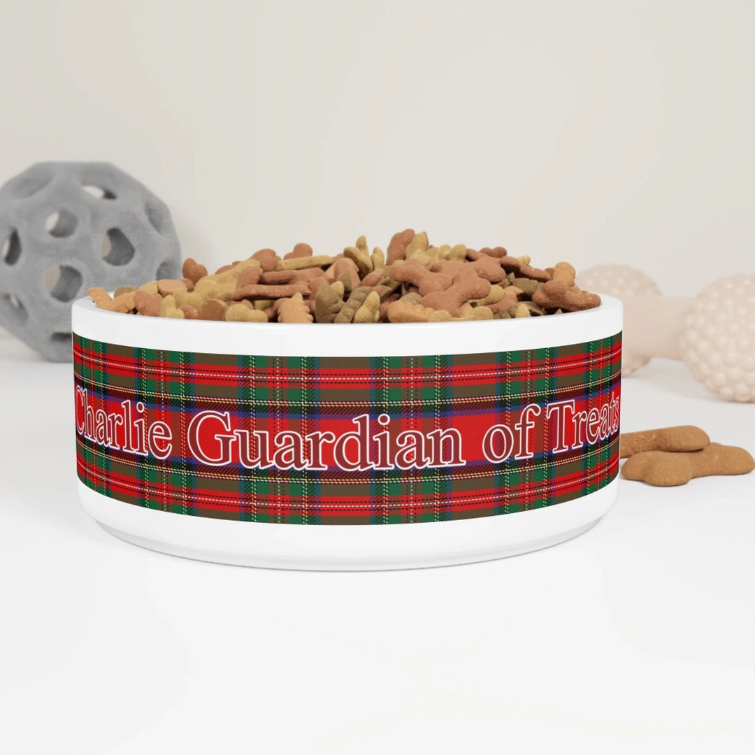 Personalized tartan plaid ceramic pet bowl with custom text like a name. Available in different plaid colors for dogs or cats-ARTFULANE