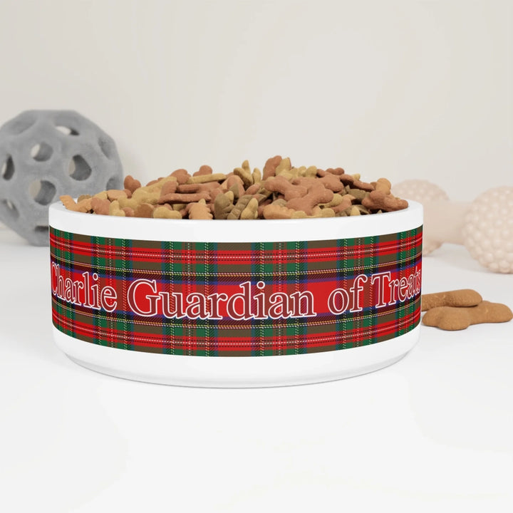 Personalized tartan plaid ceramic pet bowl with custom text like a name. Available in different plaid colors for dogs or cats-ARTFULANE