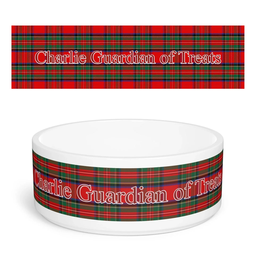 Personalized tartan plaid ceramic pet bowl with custom text like a name. Available in different plaid colors for dogs or cats-ARTFULANE