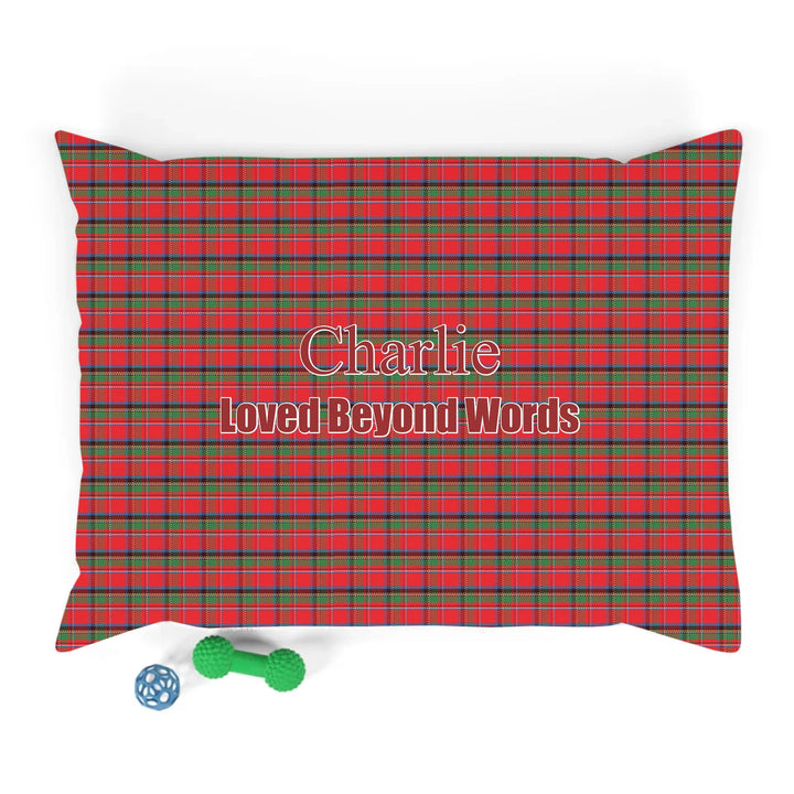 Personalized tartan plaid pet bed with two lines of custom text. Available in different plaid colors for dogs or cats-ARTFULANE