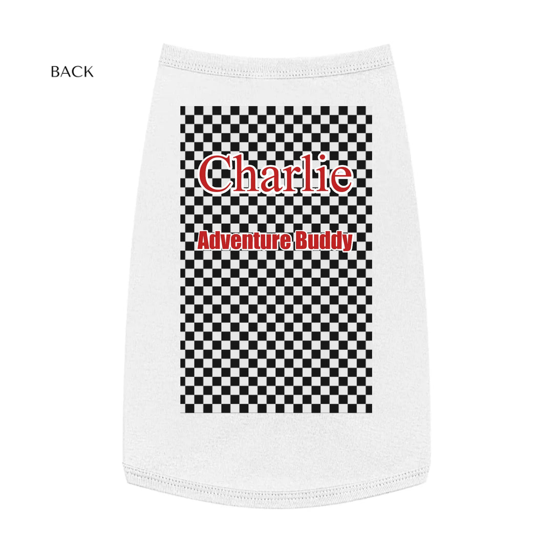 Personalized checkered pet tank top with custom text like a name. Available in different checkered colors for dogs or cats-ARTFULANE