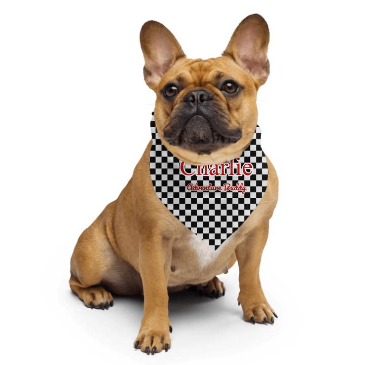 Personalized checkered pet bandana with custom text like a name. Available in different checkered colors for dogs or cats-ARTFULANE
