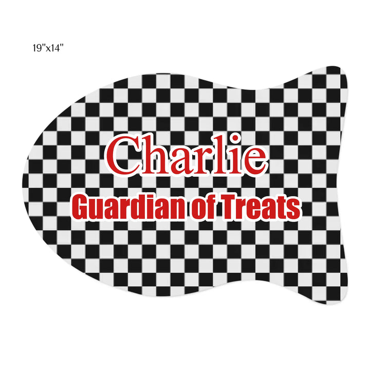 Personalized checkered pet fish-shaped feeding mat with custom text like a name. Available in different checkered colors for dogs or cats-ARTFULANE