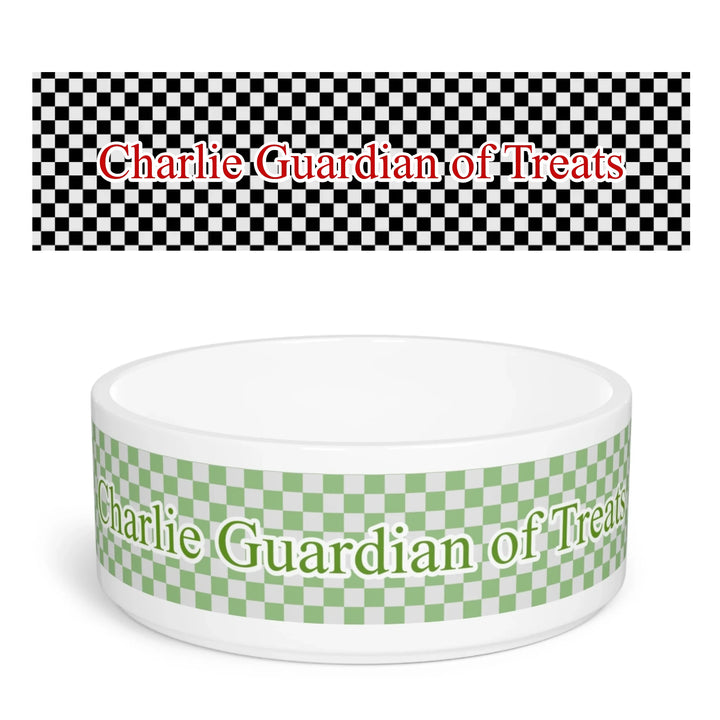 Personalized checkered pet ceramic bowl with custom text like a name. Available in different checkered colors for dogs or cats-ARTFULANE