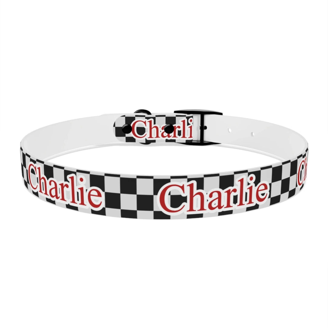 Back of Personalized checkered pet collar with custom text like a name. Available in different checkered colors for dogs or cats-ARTFULANE