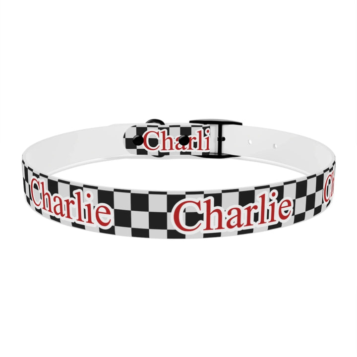 Back of Personalized checkered pet collar with custom text like a name. Available in different checkered colors for dogs or cats-ARTFULANE