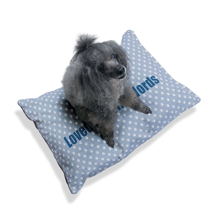 Personalized paws print pet bed with custom text like a name. Available in different paw print colors for dogs or cats-ARTFULANE