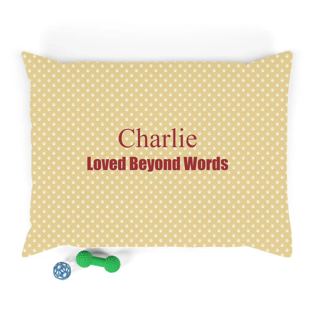 Personalized paws print pet bed with custom text like a name. Available in different paw print colors for dogs or cats-ARTFULANE