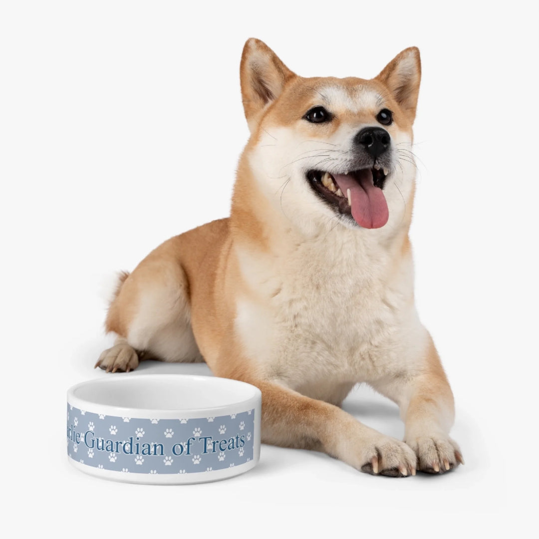 Dog beside Personalized paws print pet ceramic bowl with custom text like a name. Available in different paw print colors for dogs or cats-ARTFULANE