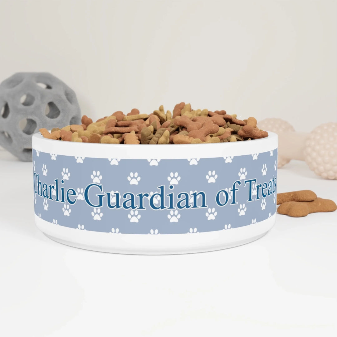 Personalized paws print pet ceramic bowl with custom text like a name. Available in different paw print colors for dogs or cats-ARTFULANE