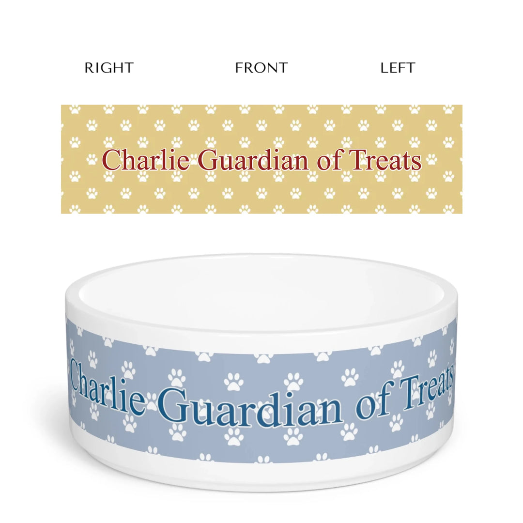 Personalized paws print pet ceramic bowl with custom text like a name. Available in different paw print colors for dogs or cats-ARTFULANE