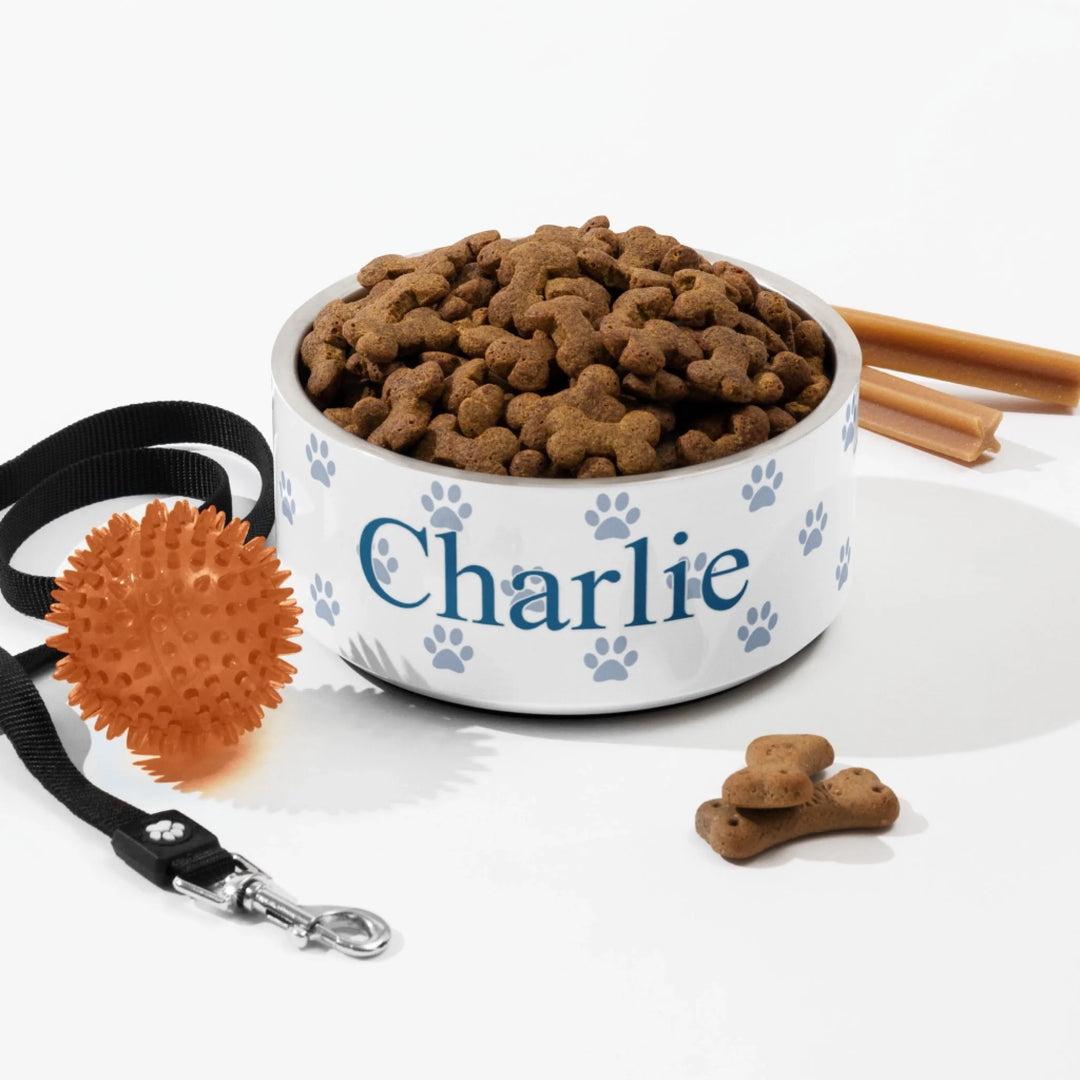 Personalized paws print pet stainless steel bowl with custom text like a name. Available in different paw print colors for dogs or cats-ARTFULANE