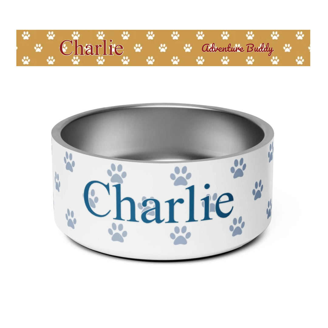 Personalized paws print pet stainless steel bowl with custom text like a name. Available in different paw print colors for dogs or cats-ARTFULANE