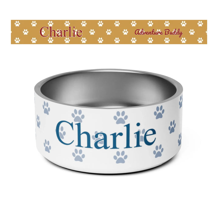 Personalized paws print pet stainless steel bowl with custom text like a name. Available in different paw print colors for dogs or cats-ARTFULANE