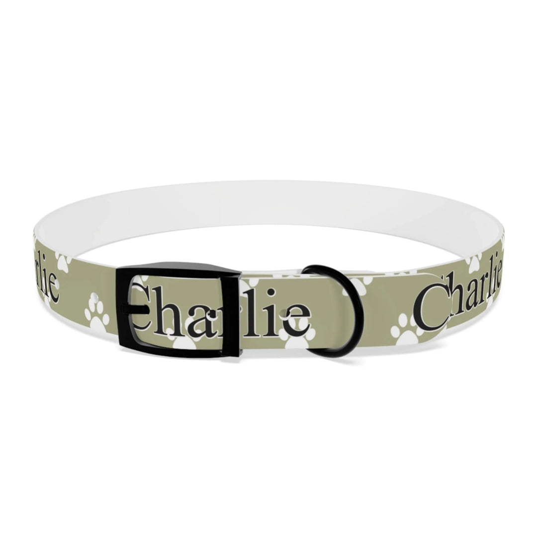 Front of Personalized paws print pet collar with custom text like a name. Available in different paw print colors for dogs or cats-ARTFULANE