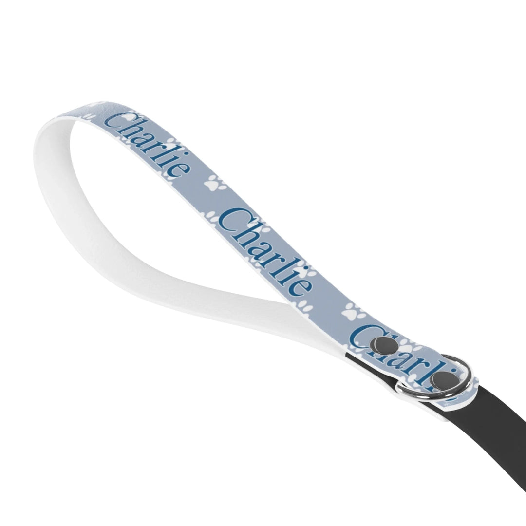 Front of Personalized paws print pet leash with custom text like a name. Available in different paw print colors for dogs or cats-ARTFULANE