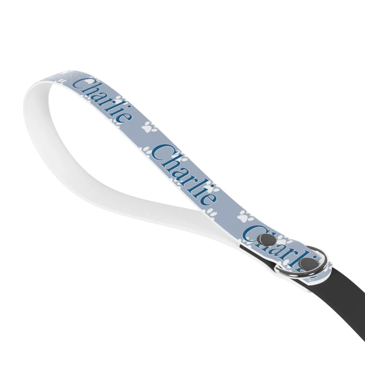 Front of Personalized paws print pet leash with custom text like a name. Available in different paw print colors for dogs or cats-ARTFULANE