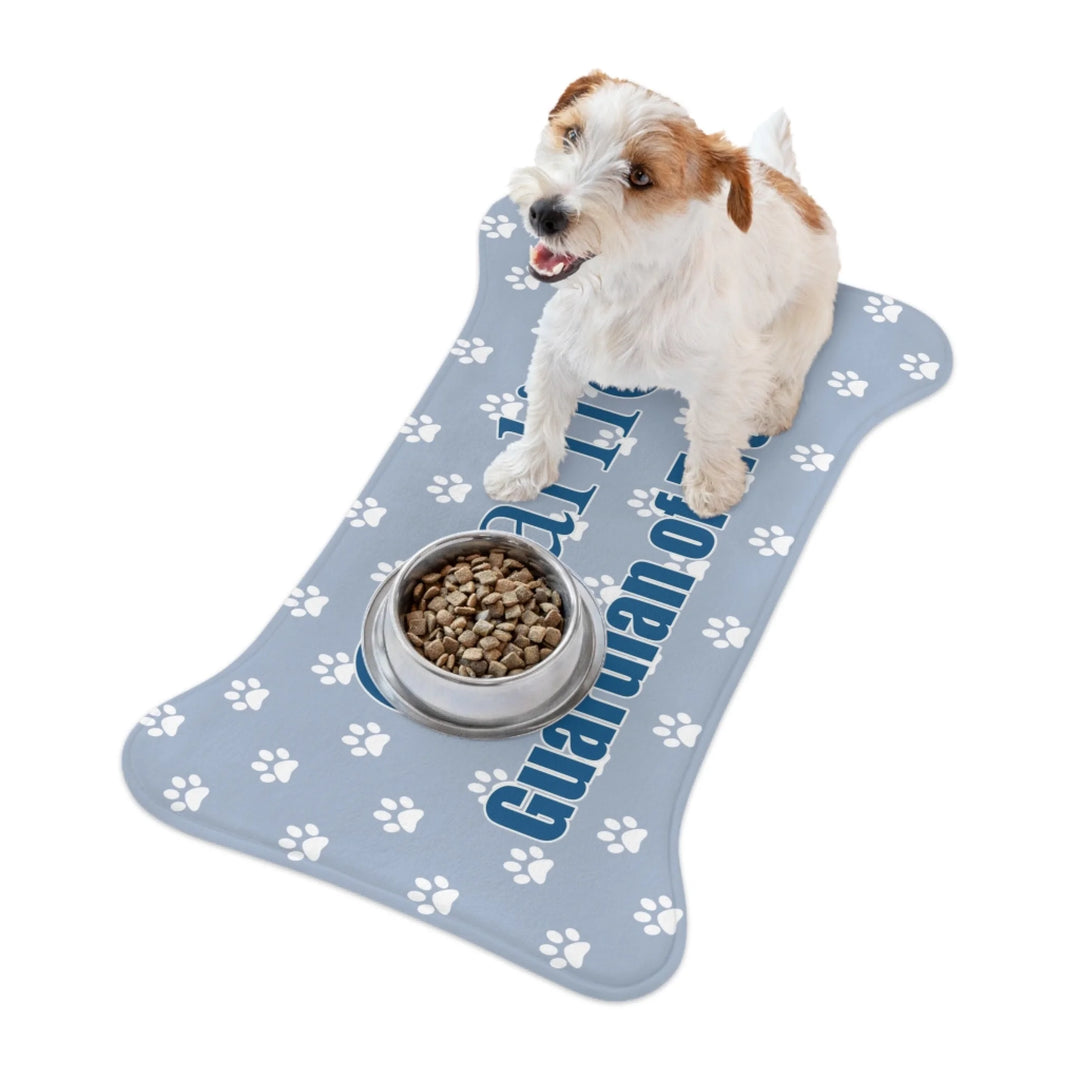 Dog using Personalized paws print pet shaped feeding mat with custom text like a name. Available in different paw print colors for dogs or cats-ARTFULANE