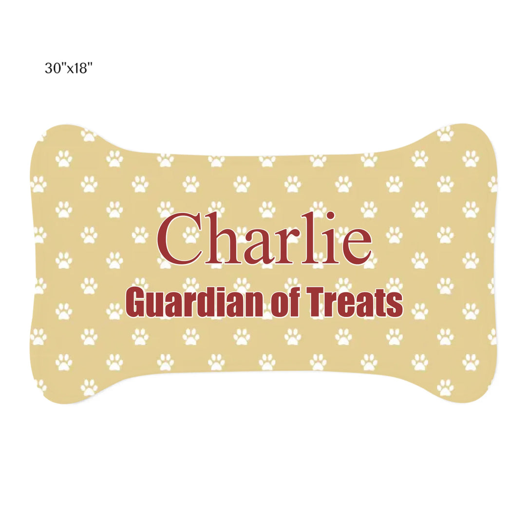 Personalized paws print pet bone-shaped feeding mat with custom text like a name. Available in different paw print colors for dogs or cats-ARTFULANE