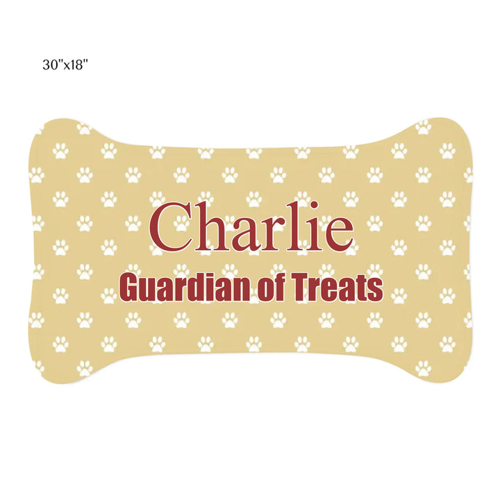 Personalized paws print pet bone-shaped feeding mat with custom text like a name. Available in different paw print colors for dogs or cats-ARTFULANE