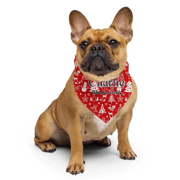 Dog wearing Personalized Christmas pattern pet bandana with custom text like a name. Available in different Christmas print colors for dogs or cats-ARTFULANE