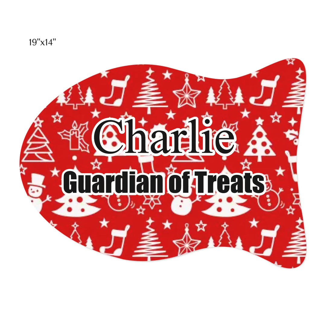 Personalized Christmas pattern pet fish-shaped feeding mat with custom text like a name. Available in different Christmas print colors for dogs or cats-ARTFULANE