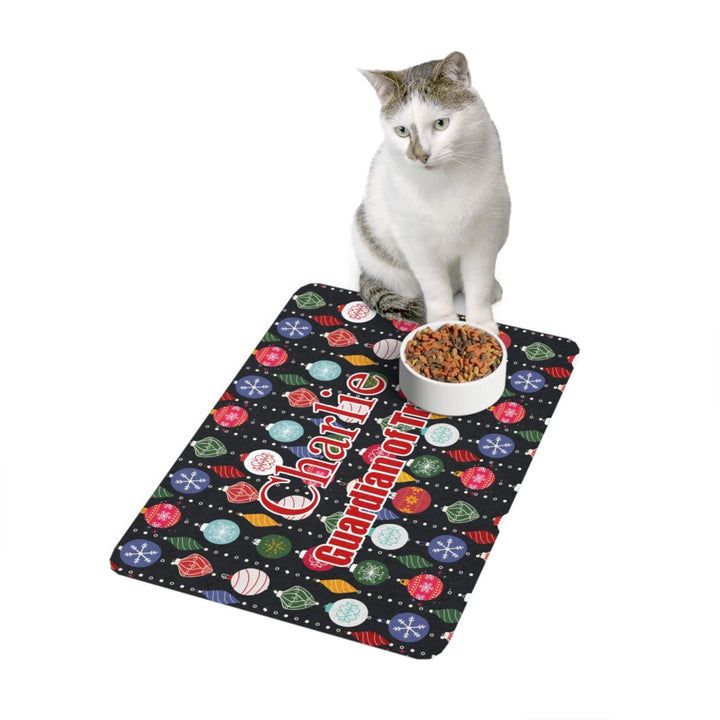 Cat using Personalized Christmas pattern pet feeding mat with custom text like a name. Available in different Christmas print colors for dogs or cats-ARTFULANE