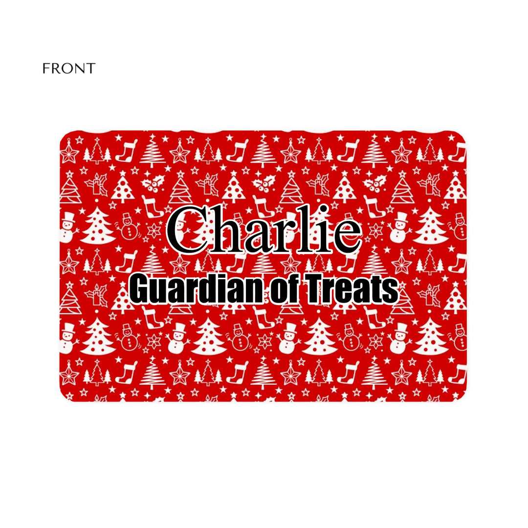 Personalized Christmas pattern pet feeding mat with custom text like a name. Available in different Christmas print colors for dogs or cats-ARTFULANE