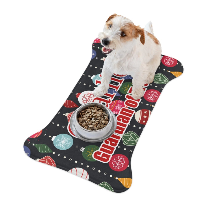 Dog using Personalized Christmas pattern pet bone-shaped feeding mat with custom text like a name. Available in different Christmas print colors for dogs or cats-ARTFULANE
