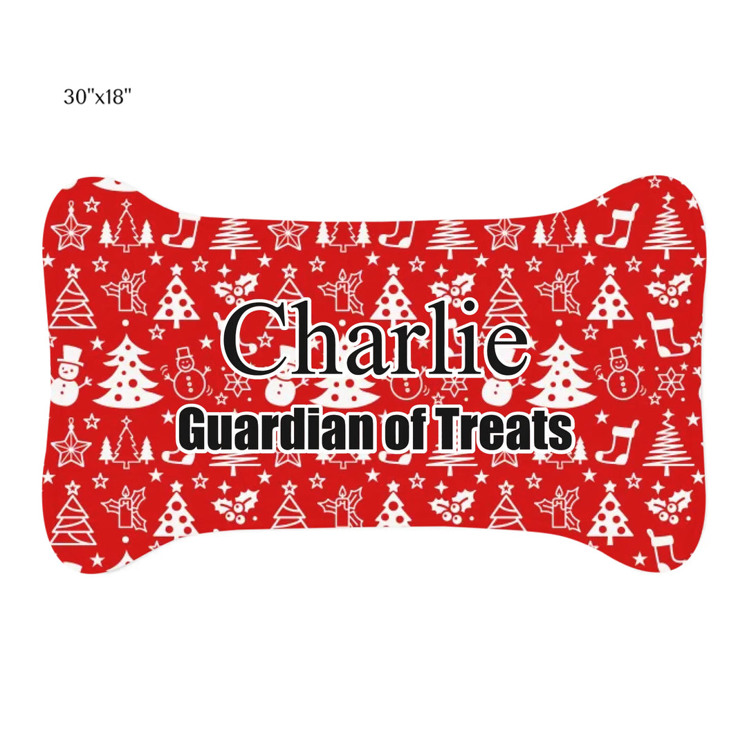 Personalized Christmas pattern pet bone-shaped feeding mat with custom text like a name. Available in different Christmas print colors for dogs or cats-ARTFULANE