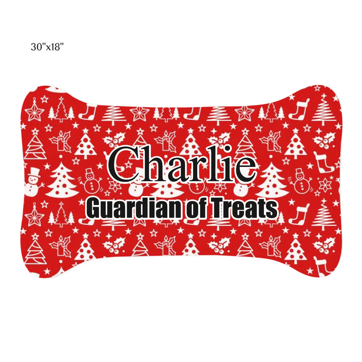 Personalized Christmas pattern pet bone-shaped feeding mat with custom text like a name. Available in different Christmas print colors for dogs or cats-ARTFULANE