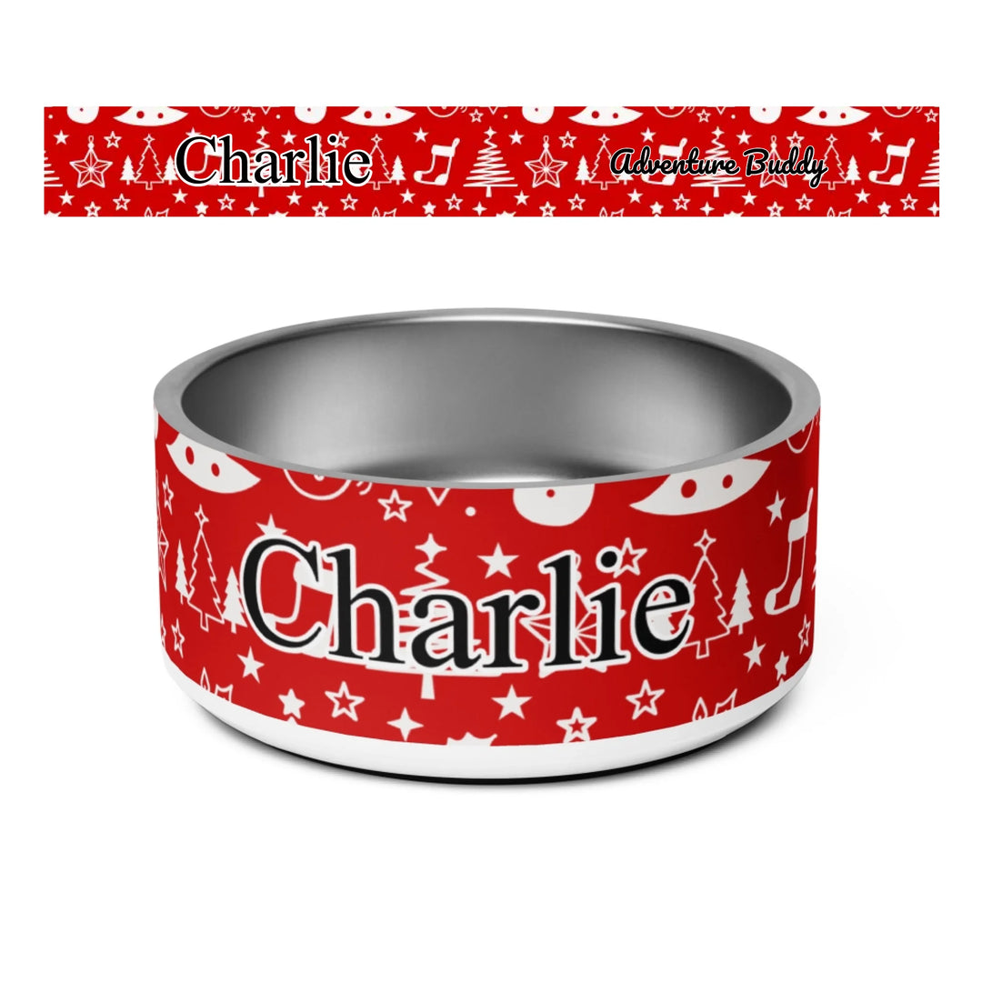 Personalized Christmas pattern pet stainless steel bowl with custom text like a name. Available in different Christmas print colors for dogs or cats-ARTFULANE