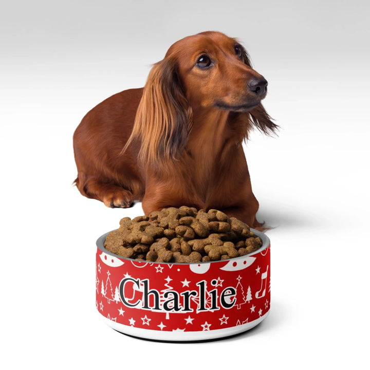 Dog using Personalized Christmas pattern pet stainless steel bowl with custom text like a name. Available in different Christmas print colors for dogs or cats-ARTFULANE