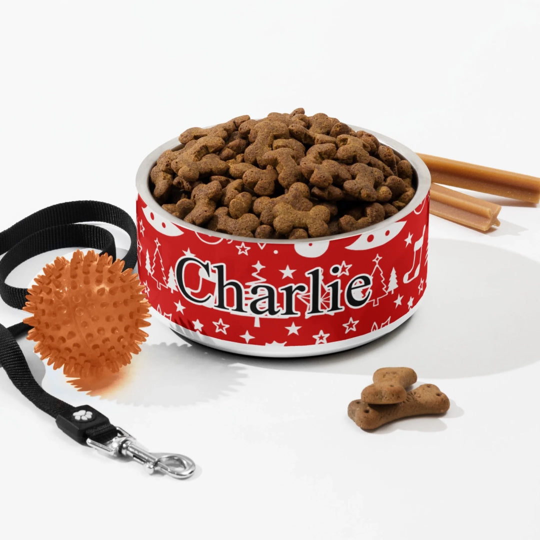Personalized Christmas pattern pet stainless steel bowl with custom text like a name. Available in different Christmas print colors for dogs or cats-ARTFULANE