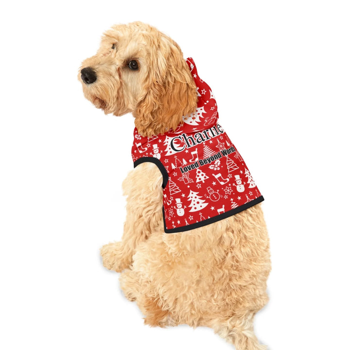 Dog wearing Personalized Christmas pattern pet hoodie with custom text like a name. Available in different Christmas print colors for dogs or cats-ARTFULANE