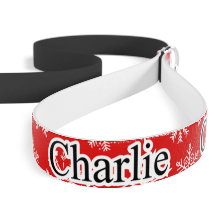 Closeup of Personalized Christmas pattern pet leash with custom text like a name. Available in different Christmas print colors for dogs or cats-ARTFULANE