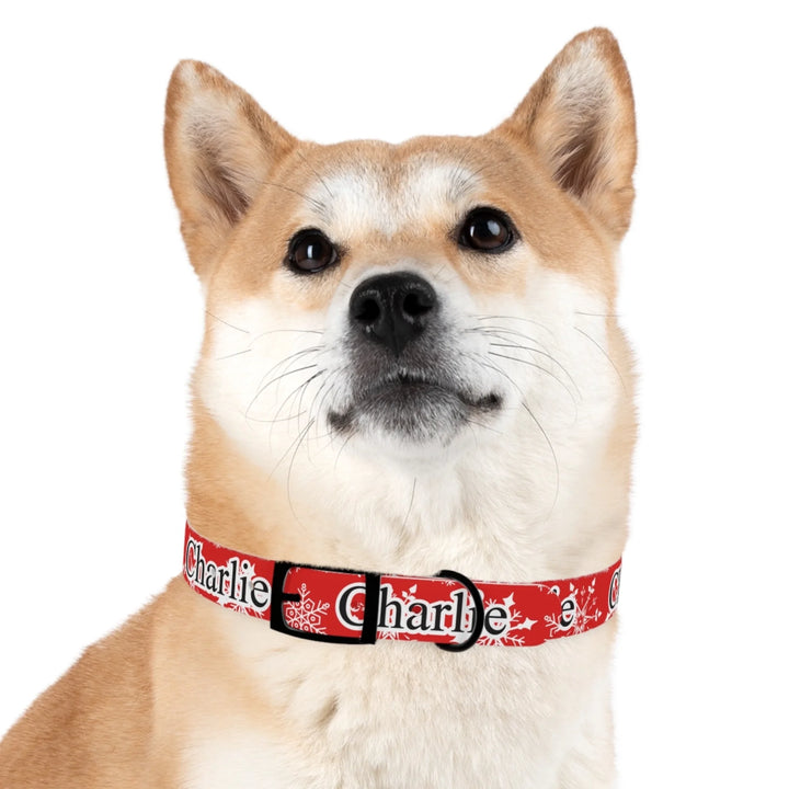 Dog wearing Personalized Christmas pattern pet collar with custom text like a name. Available in different Christmas print colors for dogs or cats-ARTFULANE