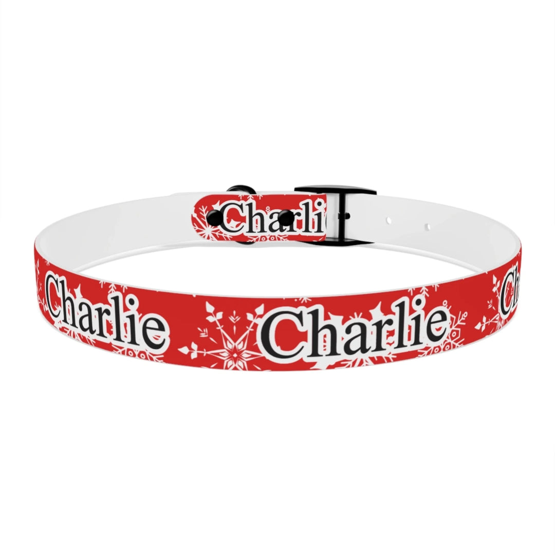 Back of Personalized Christmas pattern pet collar with custom text like a name. Available in different Christmas print colors for dogs or cats-ARTFULANE