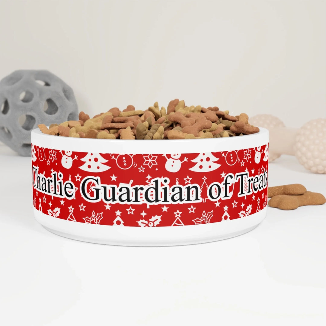 Personalized Christmas pattern pet ceramic bowl with custom text like a name. Available in different Christmas print colors for dogs or cats-ARTFULANE