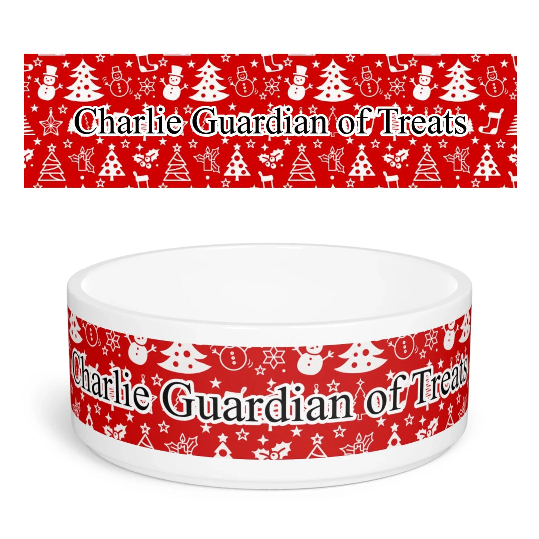 Personalized Christmas pattern pet ceramic bowl with custom text like a name. Available in different Christmas print colors for dogs or cats-ARTFULANE