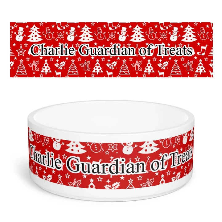 Personalized Christmas pattern pet ceramic bowl with custom text like a name. Available in different Christmas print colors for dogs or cats-ARTFULANE