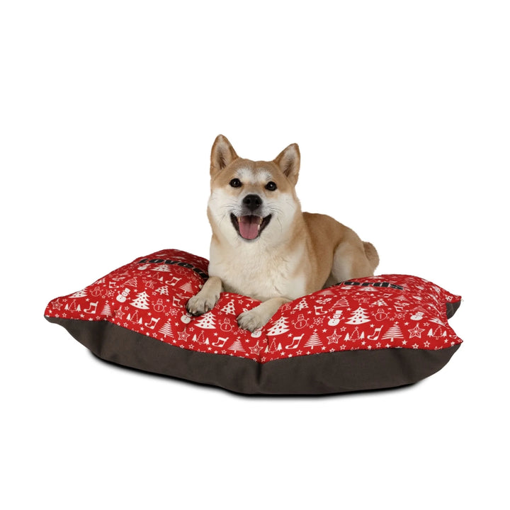 Dog sitting on Personalized Christmas pattern pet bed with custom text like a name. Available in different Christmas print colors for dogs or cats-ARTFULANE