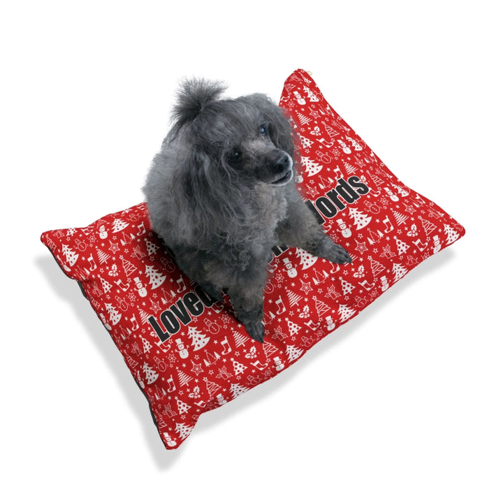 Dog sitting on Personalized Christmas pattern pet bed with custom text like a name. Available in different Christmas print colors for dogs or cats-ARTFULANE