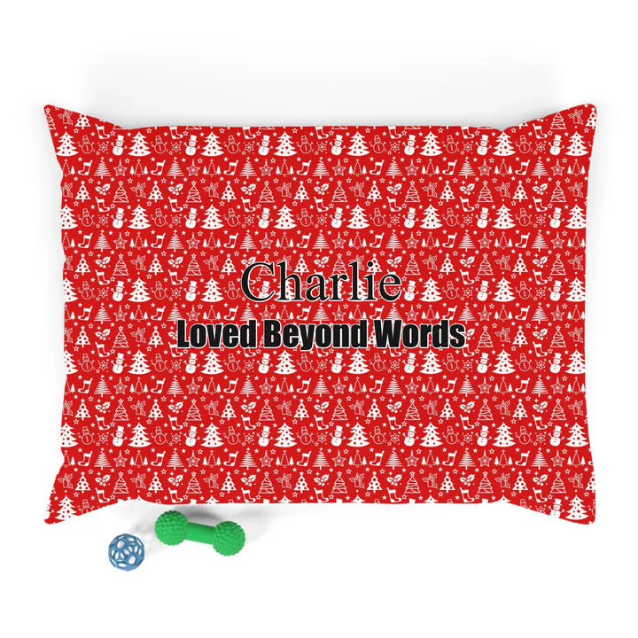 Personalized Christmas pattern pet bed with custom text like a name. Available in different Christmas print colors for dogs or cats-ARTFULANE
